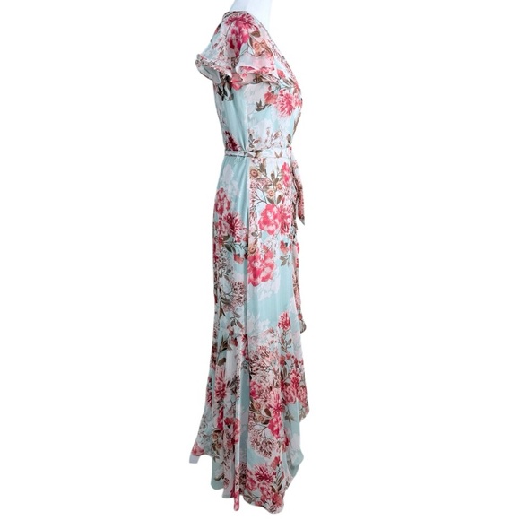 Eliza J Floral Chiffon Maxi Dress Blue Pink Wrap Style Flutter Sleeve Size 4 NWT - Picture 7 of 9
